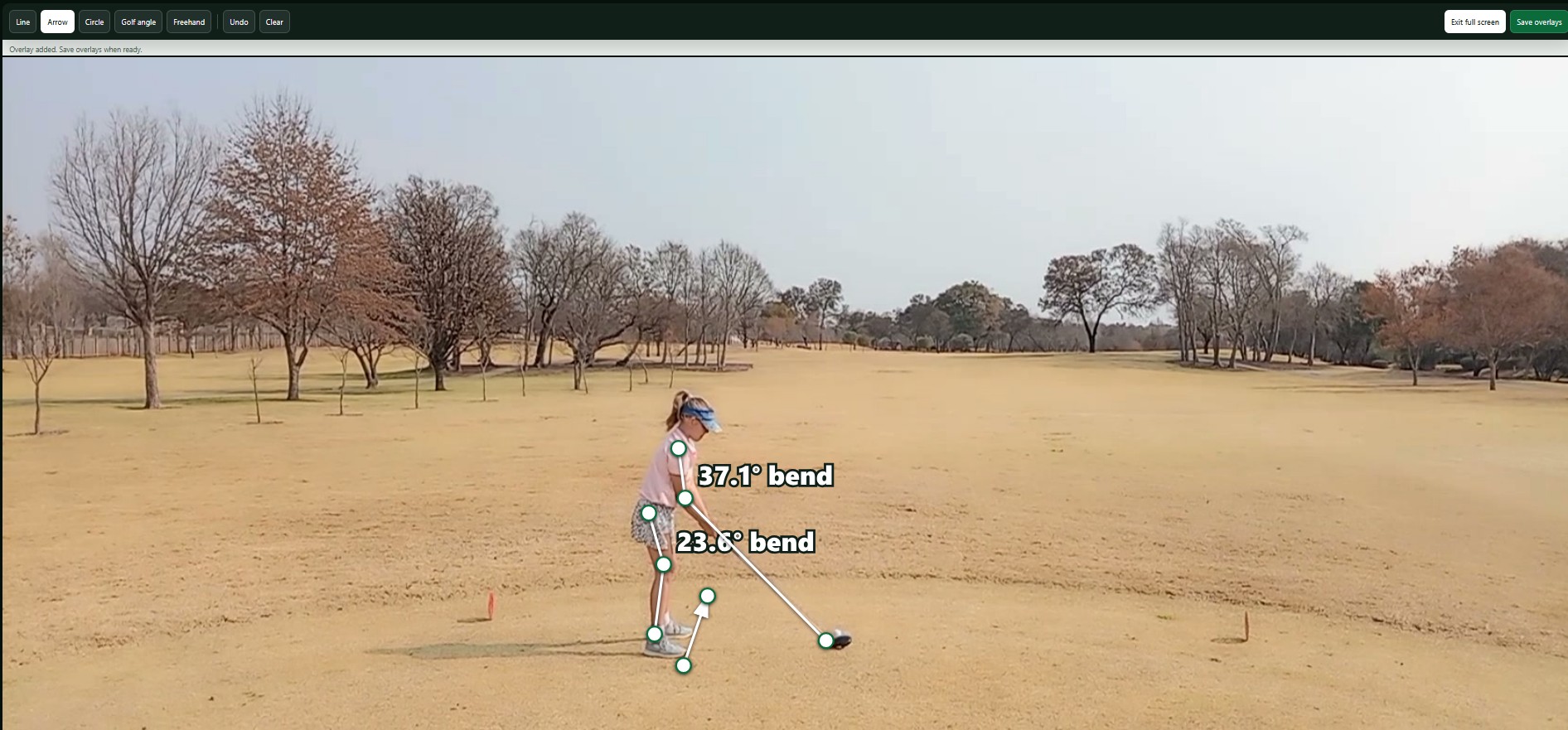 PGC full-screen coach annotation workspace showing golf angle measurements