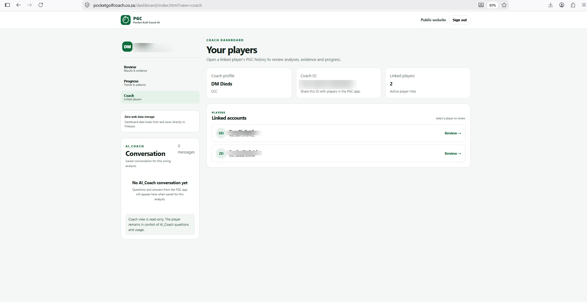 PGC Coach Dashboard showing linked player accounts