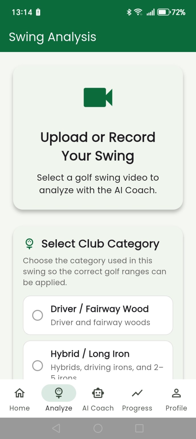 PGC – Pocket Golf Coach AI Swing Analysis upload or record screen